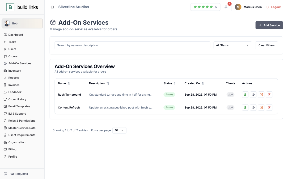 BuildLinks add-on services screen listing Rush Turnaround and Content Refresh as active services