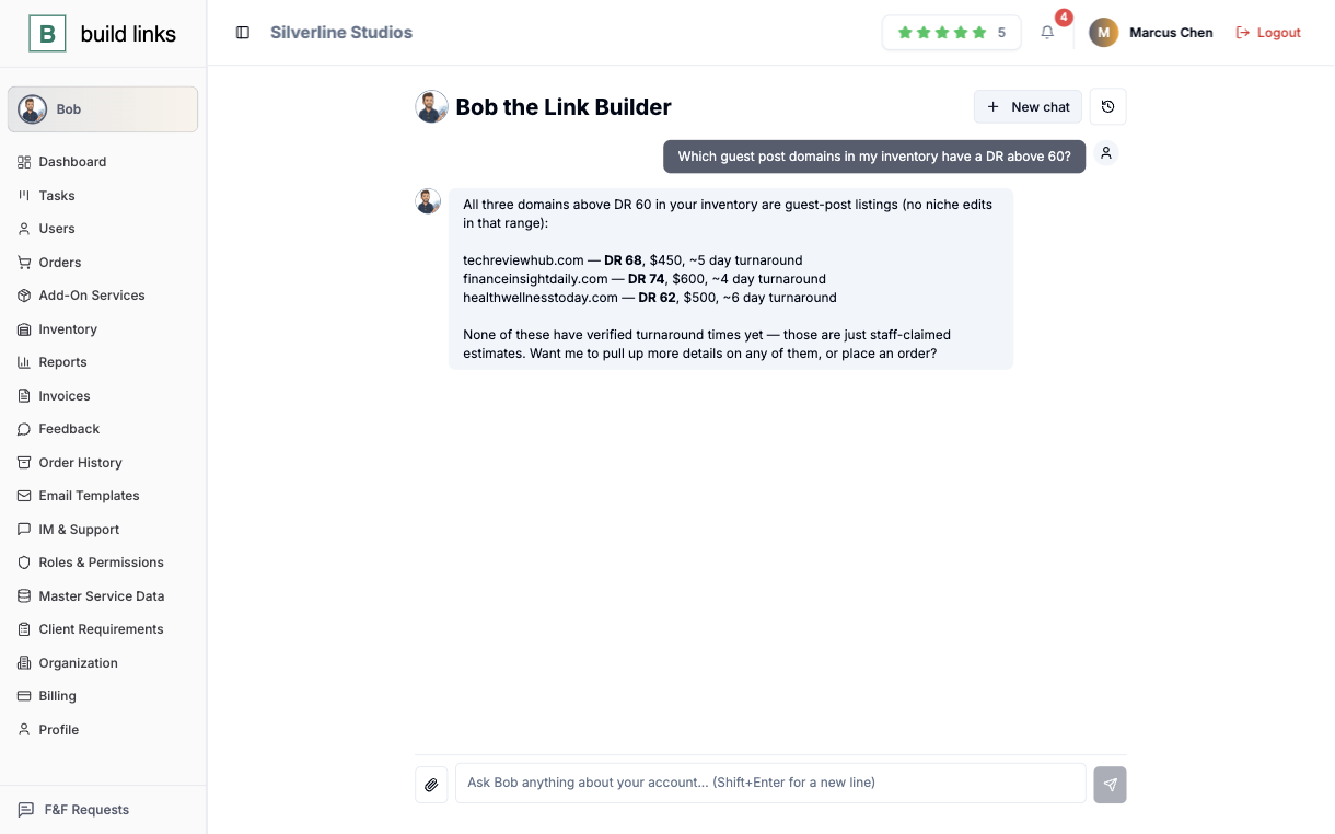 Bob, the BuildLinks assistant, answering a question by listing three guest post domains above DR 60 with their price and turnaround