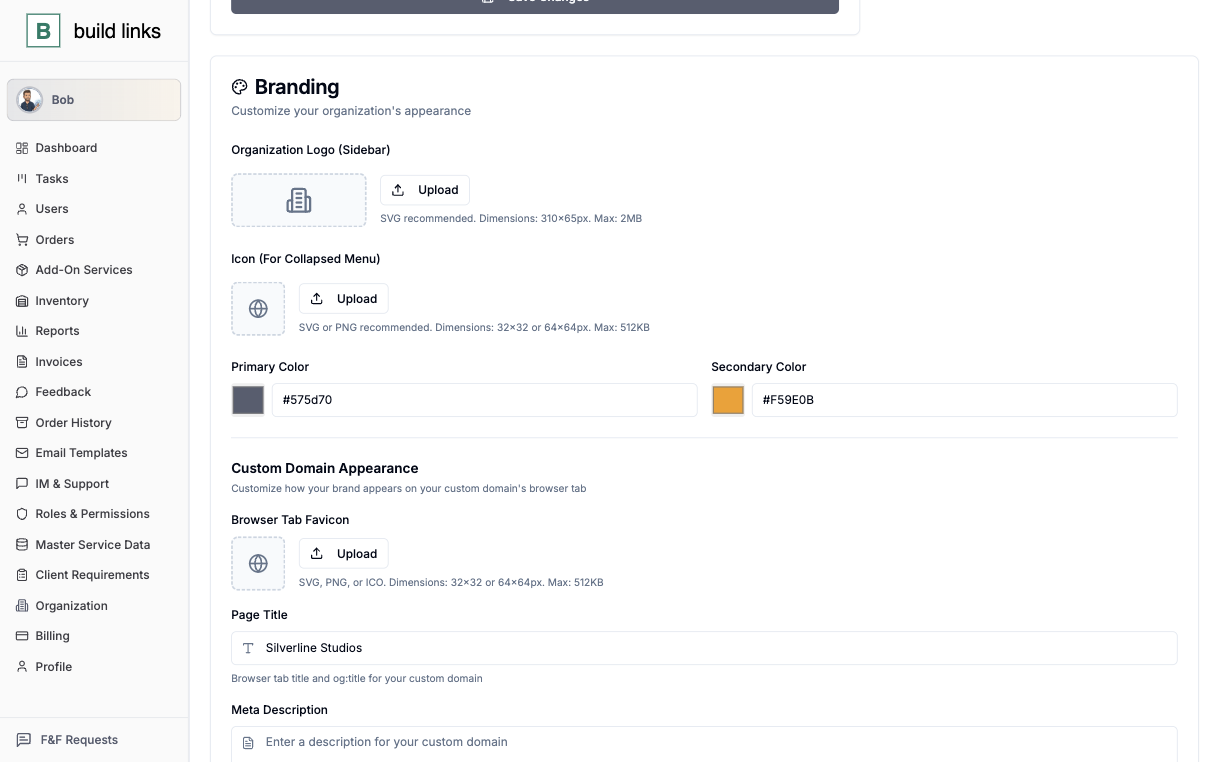 BuildLinks branding settings with organization logo, primary and secondary colors, favicon and page title for a custom domain
