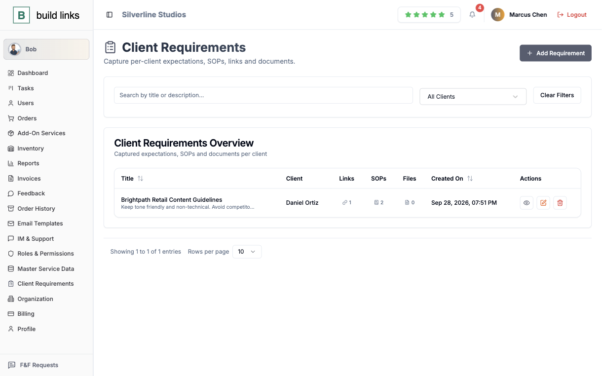 BuildLinks client requirements screen listing content guidelines for one client with 1 link and 2 SOPs attached