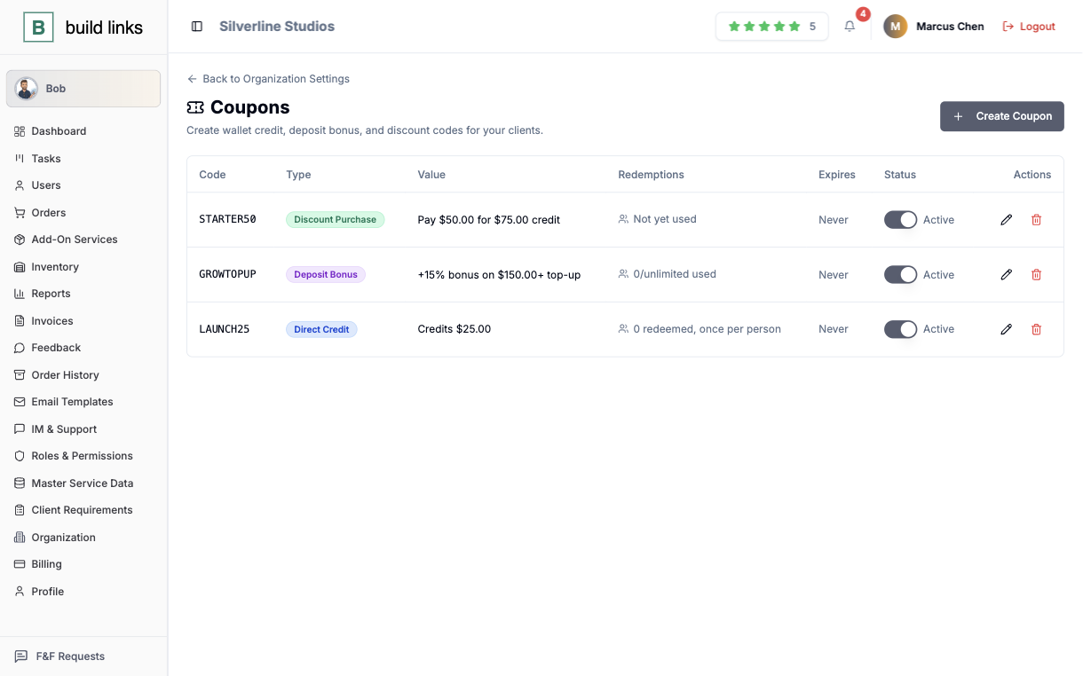 BuildLinks coupons screen listing a discount purchase coupon, a deposit bonus coupon and a direct credit coupon, all active