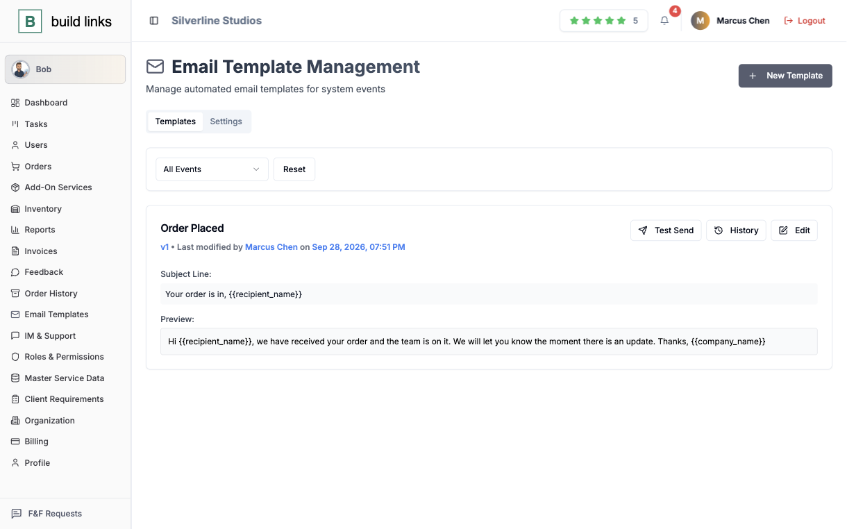 BuildLinks email template screen showing the Order Placed template with its subject line, preview, and test send, history and edit buttons