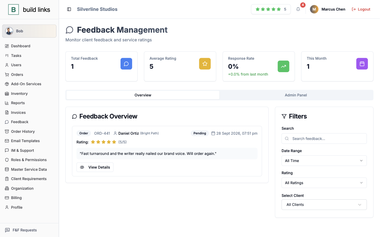 BuildLinks feedback screen showing an average rating of 5 and a five-star client review attached to an order