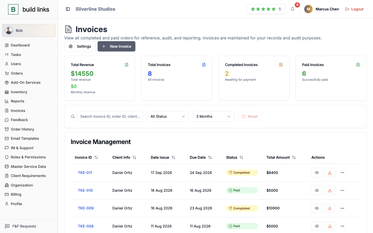 BuildLinks invoices screen showing $14,550 total revenue, 8 invoices, 2 completed and 6 paid, above a list of invoices with issue date, due date, status and amount
