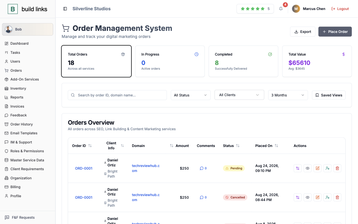 BuildLinks order management screen for Silverline Studios showing 18 total orders, 8 completed and $65,610 total value above a table of orders with client, domain, amount and status