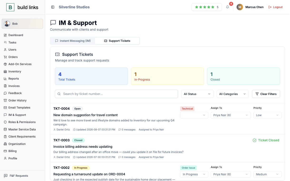 BuildLinks support tickets screen showing 4 tickets, each with its status, category, assignee and priority